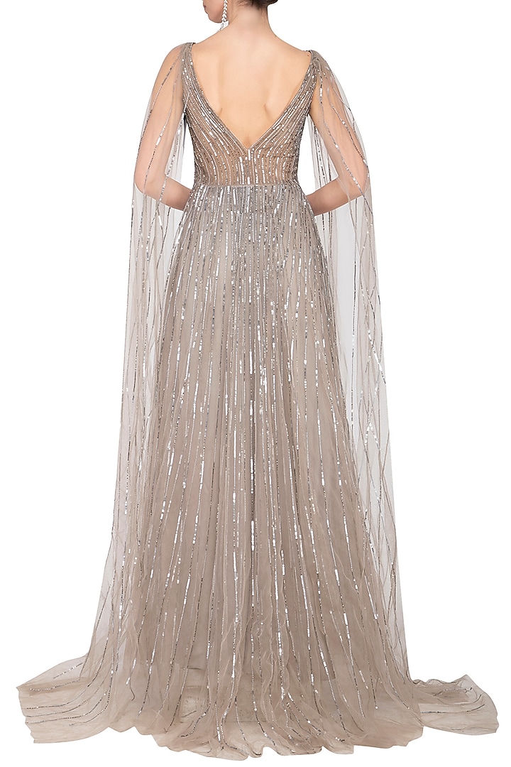 Grey sequins embroidered cape sleeves Engagement Gown by Megha & Jigar at Pernia's Pop Up Shop