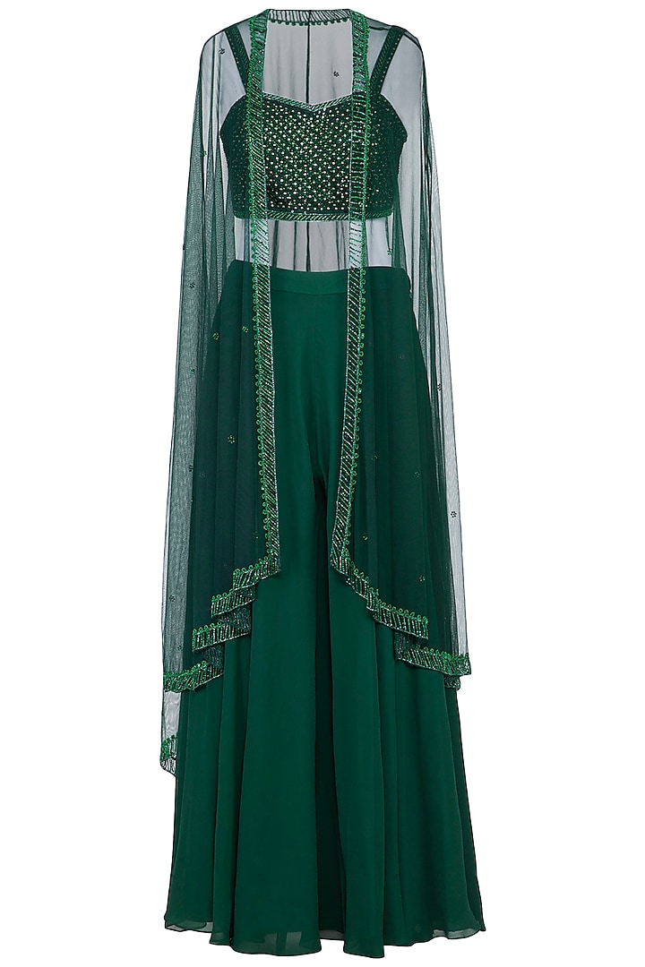 Green embroidered bustier with sharara pants and cape by Megha & Jigar