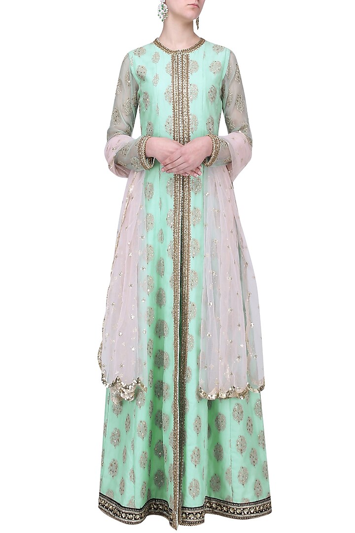 Aqua and pink embroidered Anarkali set available only at Pernia's Pop Up Shop.