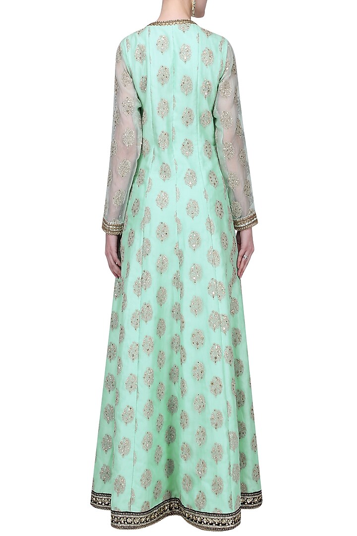 Aqua and pink embroidered Anarkali set available only at Pernia's Pop Up Shop.