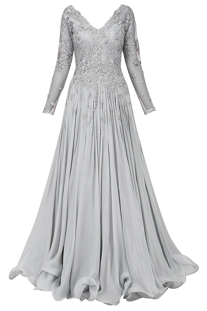 Grey Embroidered Flared Gown by Megha & Jigar