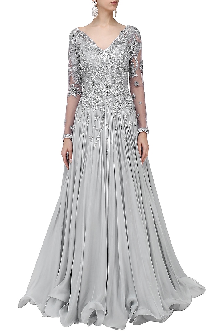 Grey Embroidered flared Gown available only at Pernia's Pop Up Shop.