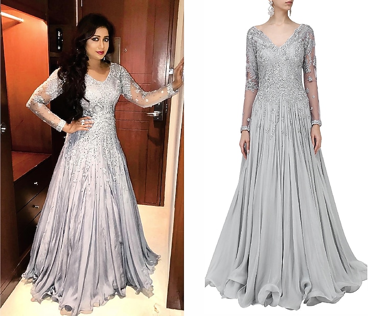 Grey Embroidered flared Gown available only at Pernia's Pop Up Shop.