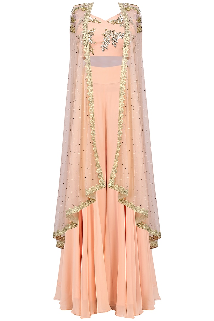 Peach Bustier with Sharara Pants and Cape by Megha & Jigar
