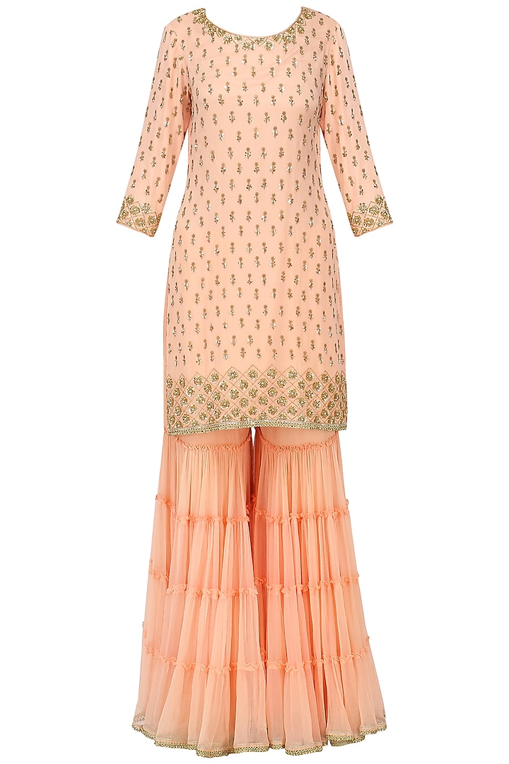 Peach Sequins Embroidered Sharara Set by Megha & Jigar