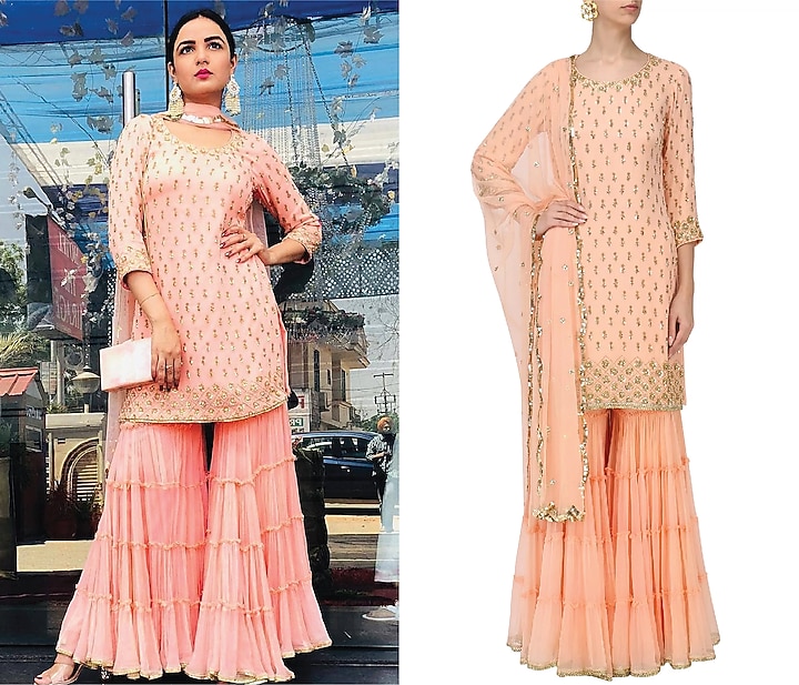 Peach sequins embroidered sharara set available only at Pernia's Pop Up Shop.
