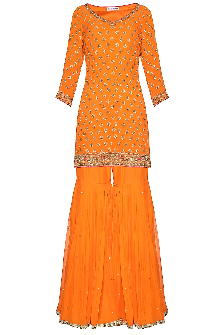 Orange Embroidered Kurta with Gharara Pants Set by Megha & Jigar