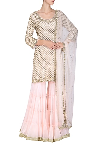 Baby Pink Embroidered Kurta with Gharara Pants Set by Megha & Jigar