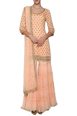 Peach Embroidered Kurta with Gharara Pants Set by Megha & Jigar
