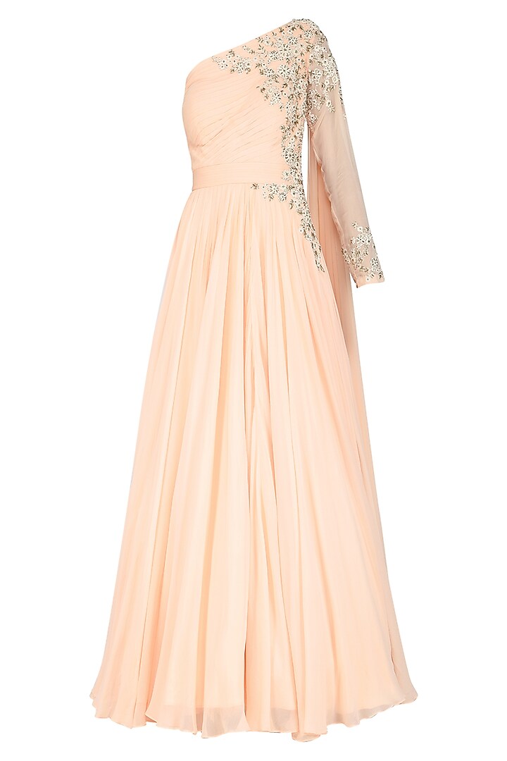 Peach Embroidered One Shoulder Drape Gown by Megha & Jigar