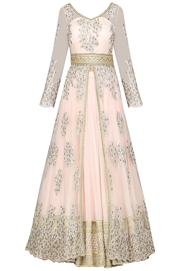 Baby Pink Embroidered Jacket with Lehenga Skirt Set by Megha & Jigar