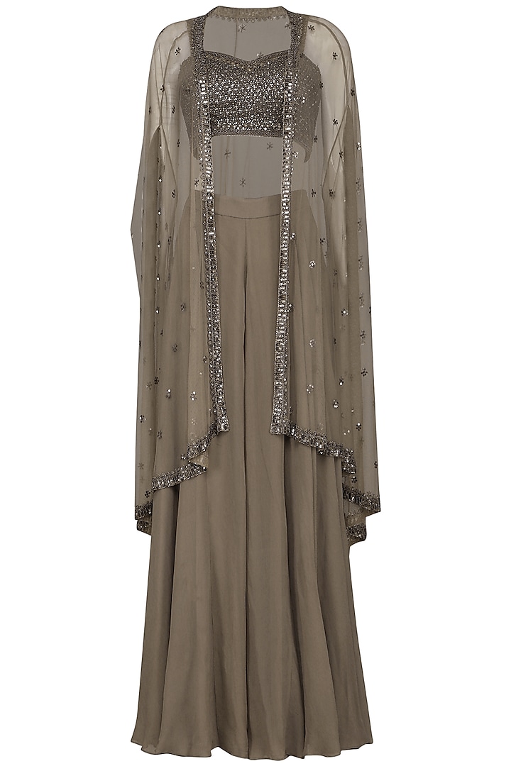 Brown Embroidered Bustier with Sharara Pants and Cape by Megha & Jigar