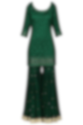 Dark Green Embroidered Kurta with Gharara Pants Set by Megha & Jigar