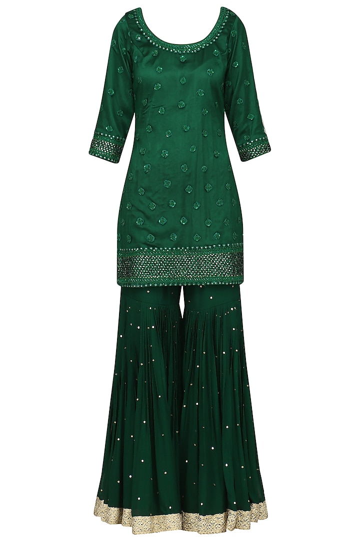 Dark Green Embroidered Kurta with Gharara Pants Set by Megha & Jigar