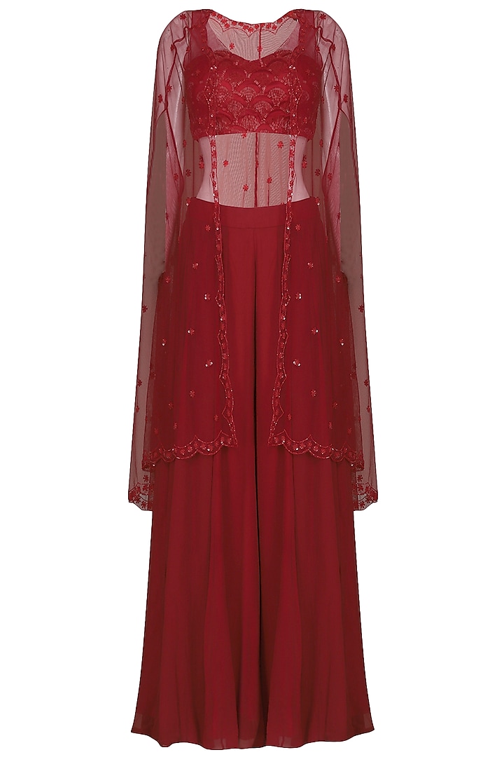 Deep Red Embroidered Bustier with Sharara Pants and Cape by Megha & Jigar