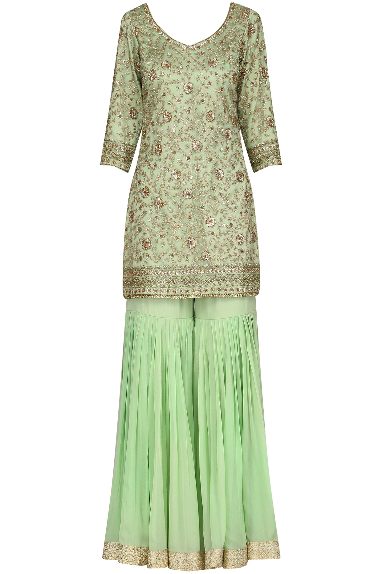Fern green embroidered kurta with gharara pants set available only at Pernia's Pop Up Shop. 2021