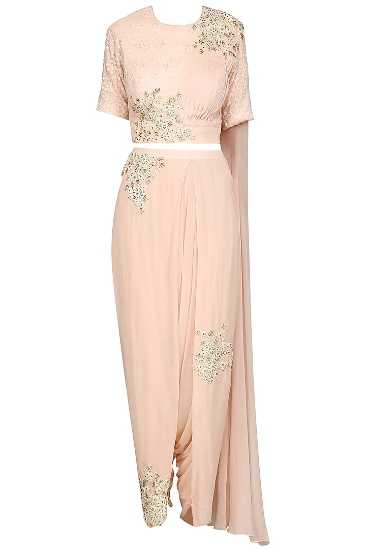 Baby Pink Embroidered Drape Saree by Megha & Jigar