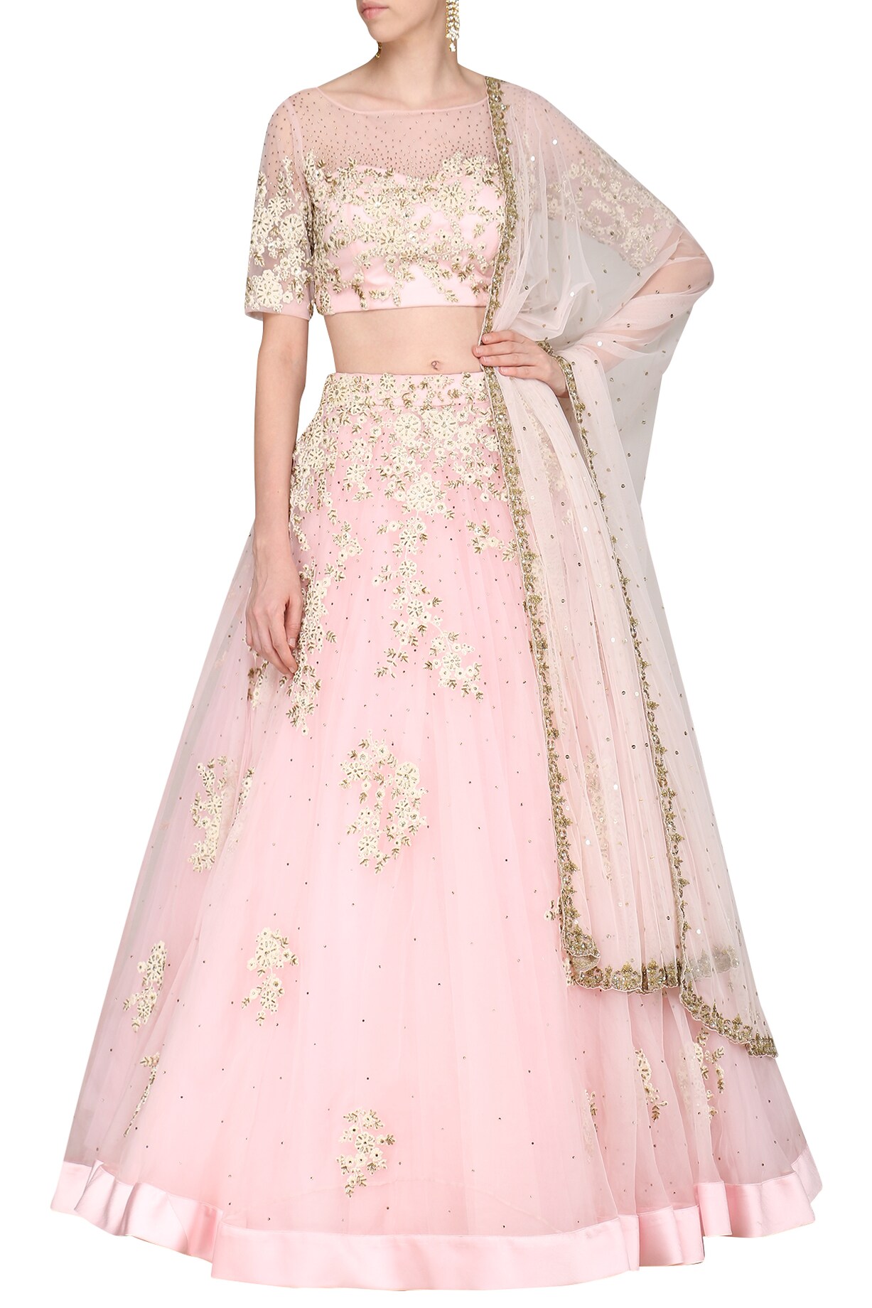 Babyhug Sleeveless Floral Embroidered Lehenga Set - Dark Pink Green