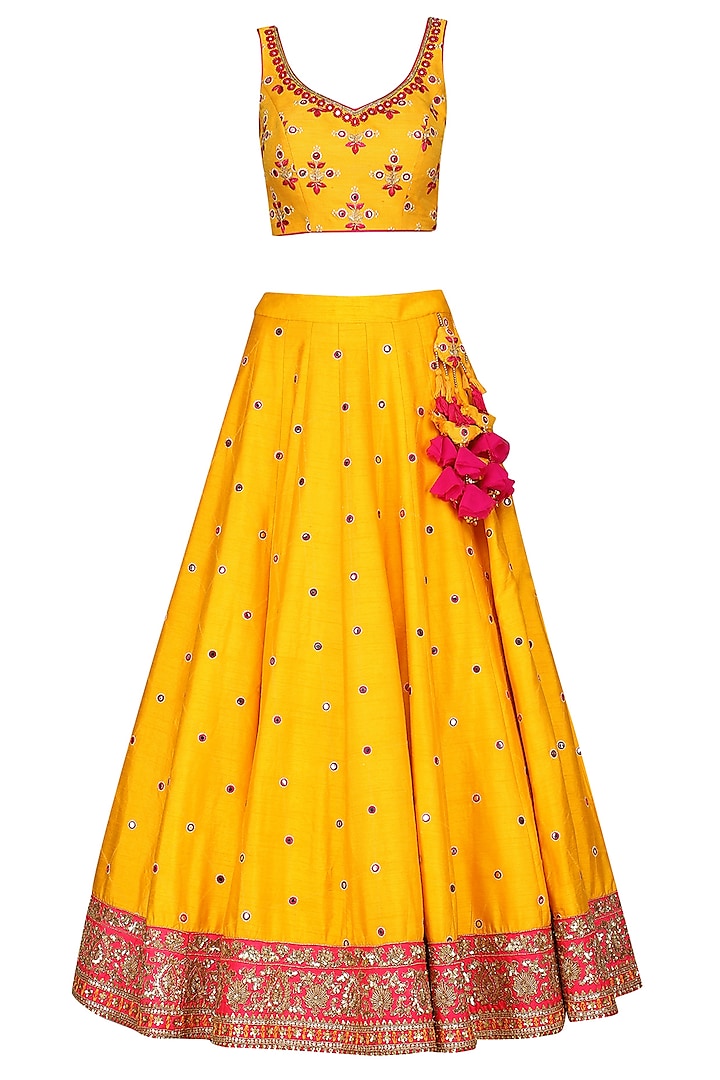 Yellow and hot pink embroidered lehenga set available only at Pernia's Pop Up Shop.