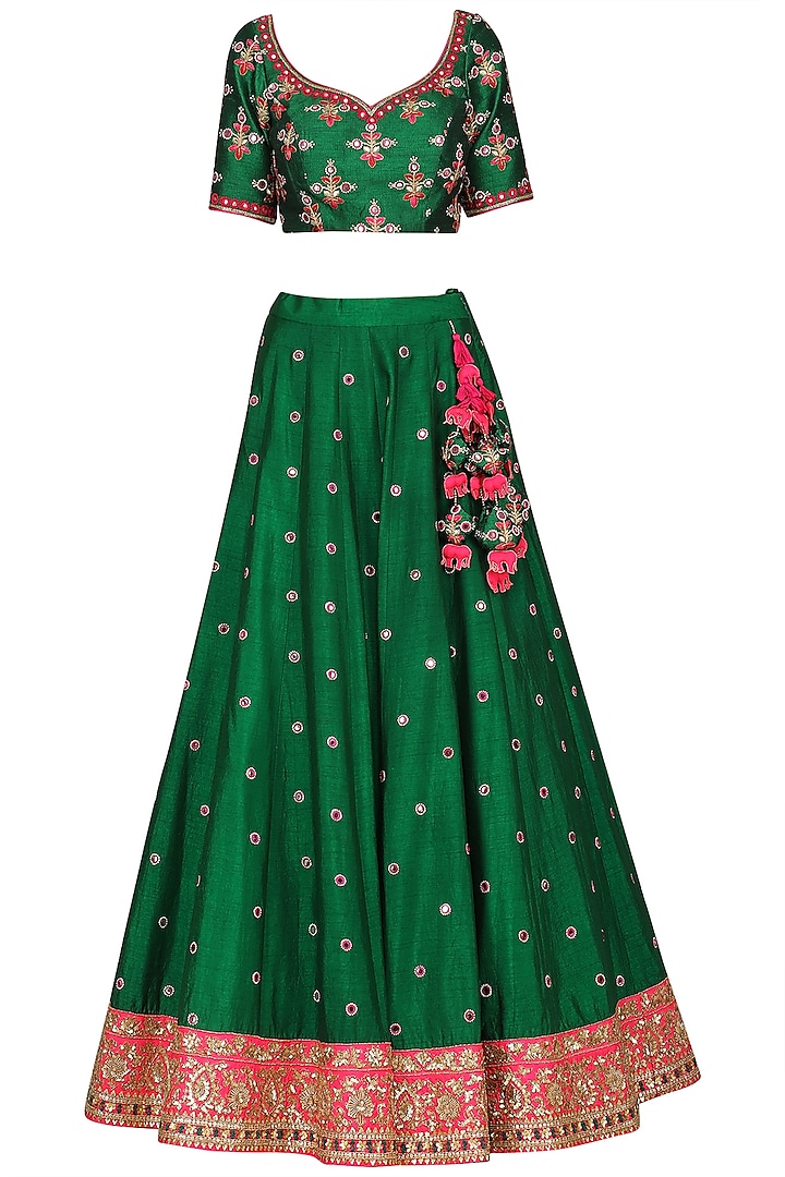 Green and Hot Pink Embroidered Lehenga Set by Megha & Jigar