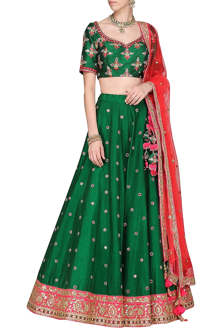 Green and hot pink embroidered lehenga set available only at Pernia's Pop Up Shop.