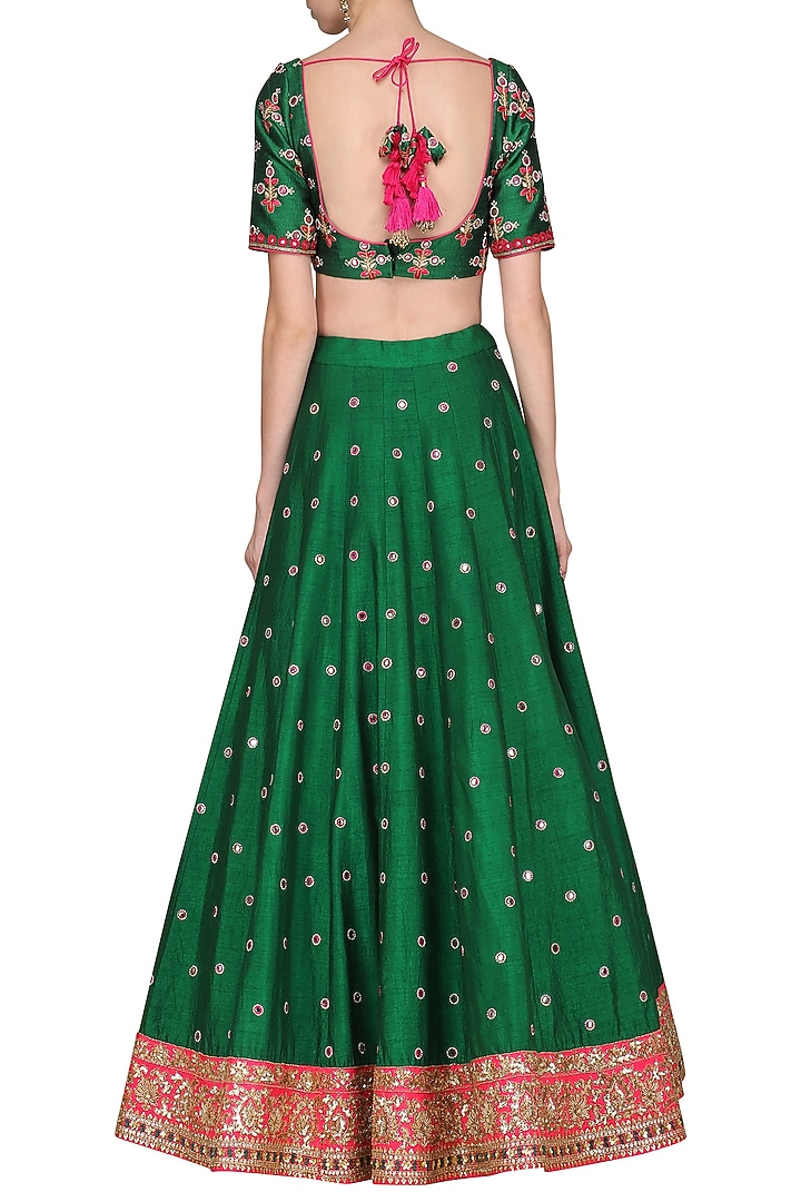 Green and hot pink embroidered lehenga set available only at Pernia's Pop Up Shop.