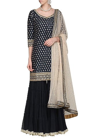 Dark Blue Embroidered Kurta with Gharara Pants Set by Megha & Jigar