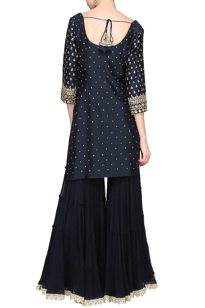 Dark blue embroidered kurta with gharara pants set available only at Pernia's Pop Up Shop.