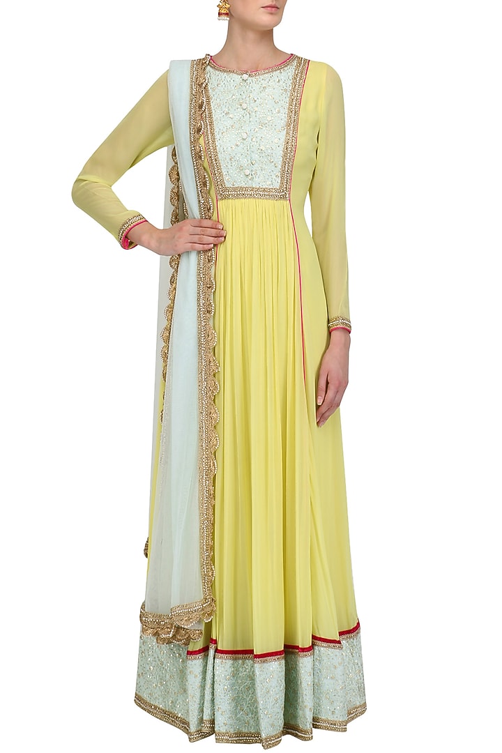 Lemon yellow and aqua embroidered anarkali set available only at Pernia's Pop Up Shop.