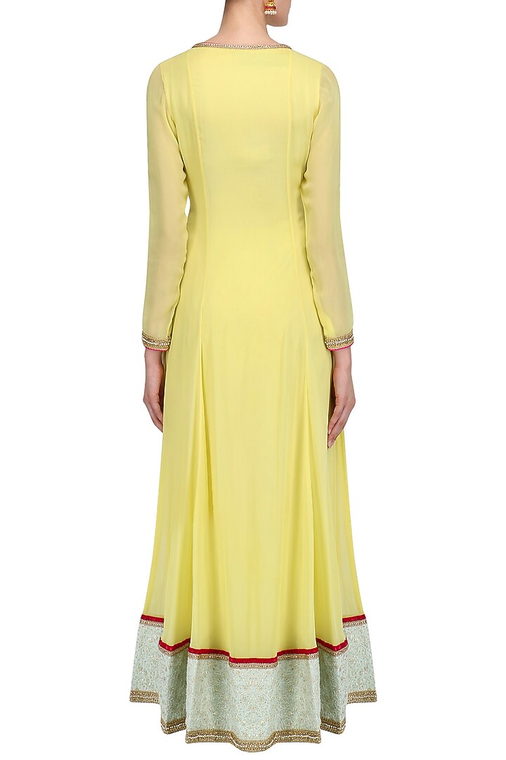 Lemon yellow and aqua embroidered anarkali set available only at Pernia's Pop Up Shop.