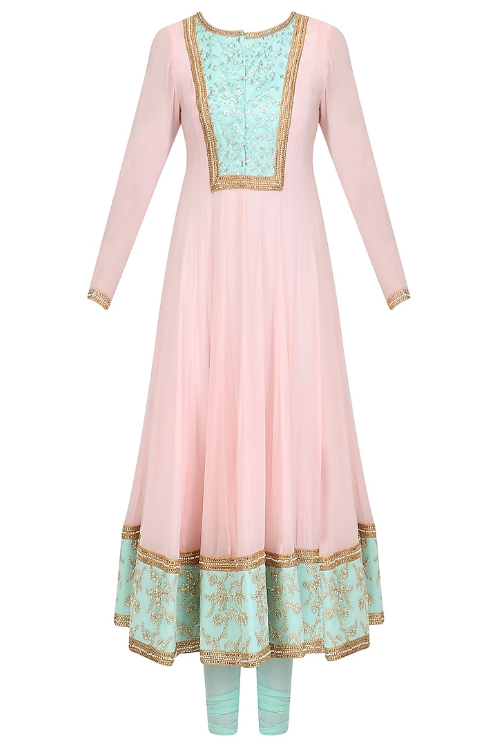 Baby Pink and Aqua Embroidered Anarkali Set by Megha & Jigar