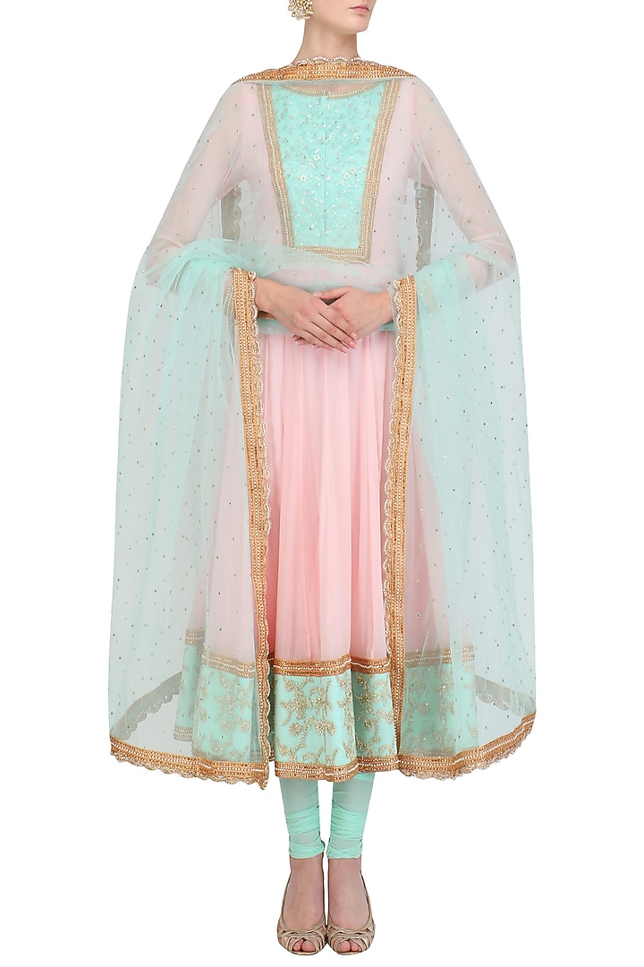 Baby pink and aqua embroidered anarkali set available only at Pernia's Pop Up Shop.
