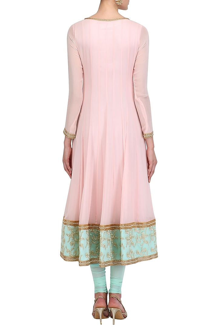 Baby pink and aqua embroidered anarkali set available only at Pernia's Pop Up Shop.