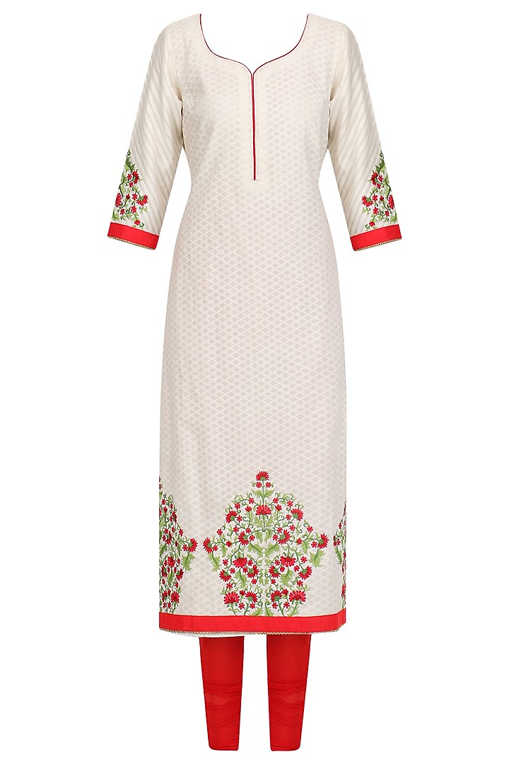 White Floral Thread Embroidered Kurta Set by Megha & Jigar