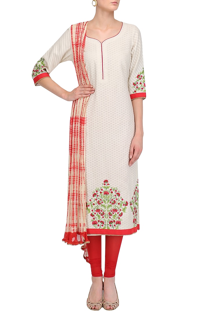 White Floral Embroidered Kurta Set