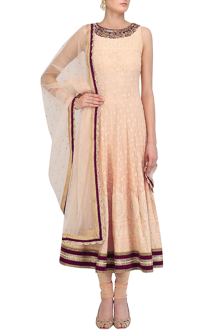 Peach and wine lakhnavi anarkali set available only at Pernia's Pop Up Shop.