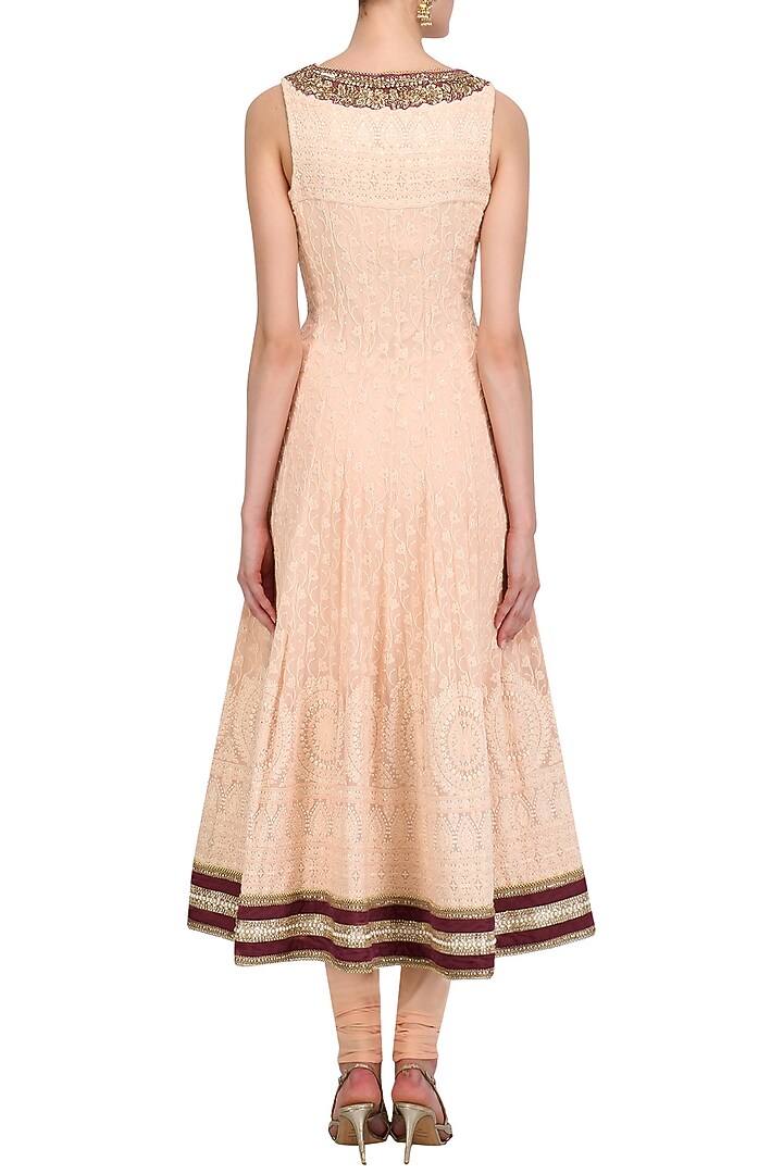 Peach and wine lakhnavi anarkali set available only at Pernia's Pop Up Shop.