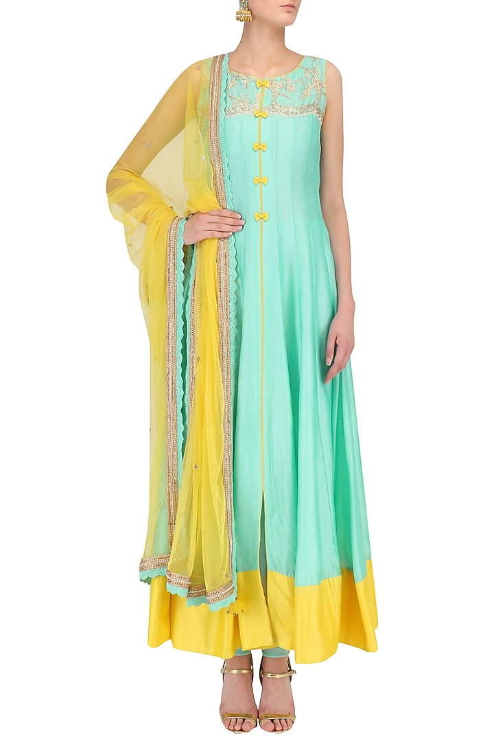 Aqua blue and lemon chanderi full length kurta set available only at Pernia's Pop Up Shop.