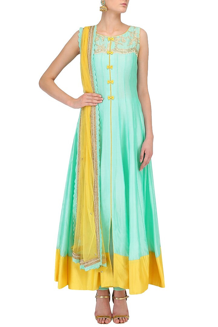 Aqua blue and lemon chanderi full length kurta set available only at Pernia's Pop Up Shop.