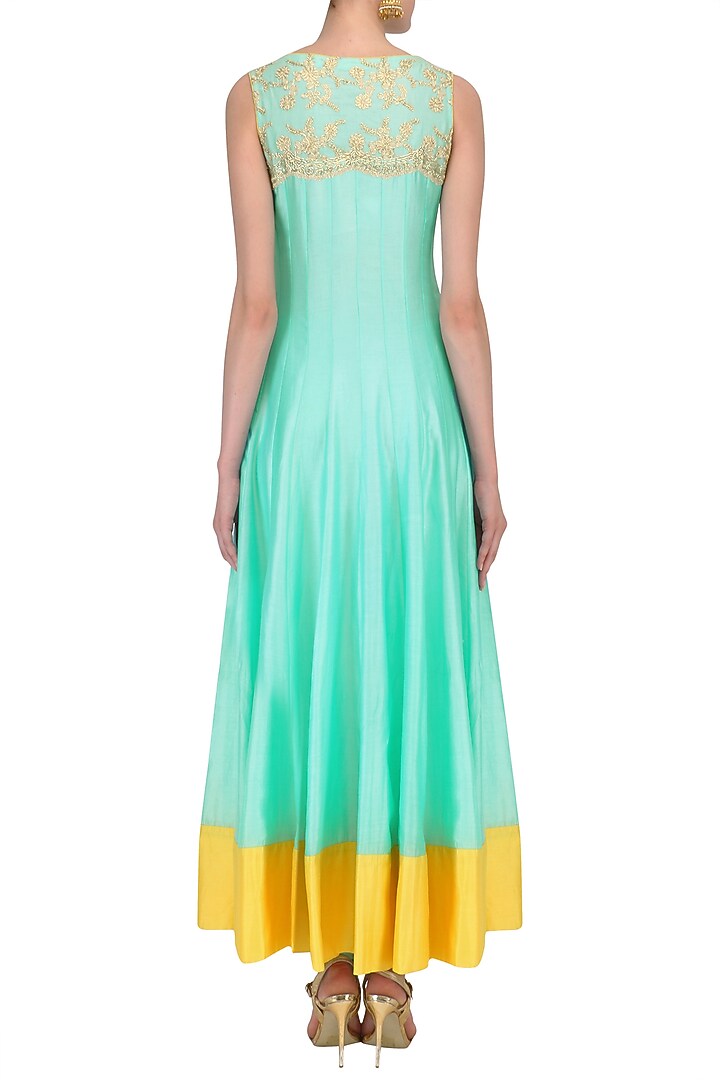 Aqua blue and lemon chanderi full length kurta set available only at Pernia's Pop Up Shop.