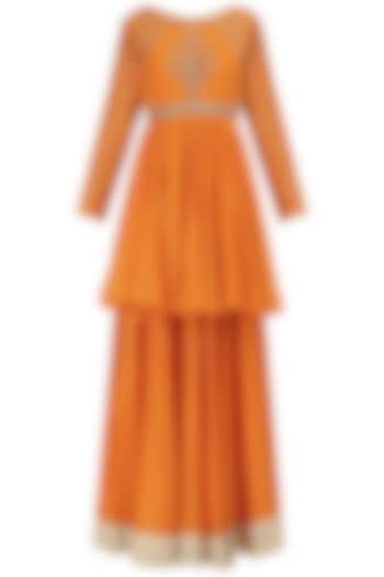 Orange Chanderi Embroidered Peplum and Skirt Set by Megha & Jigar