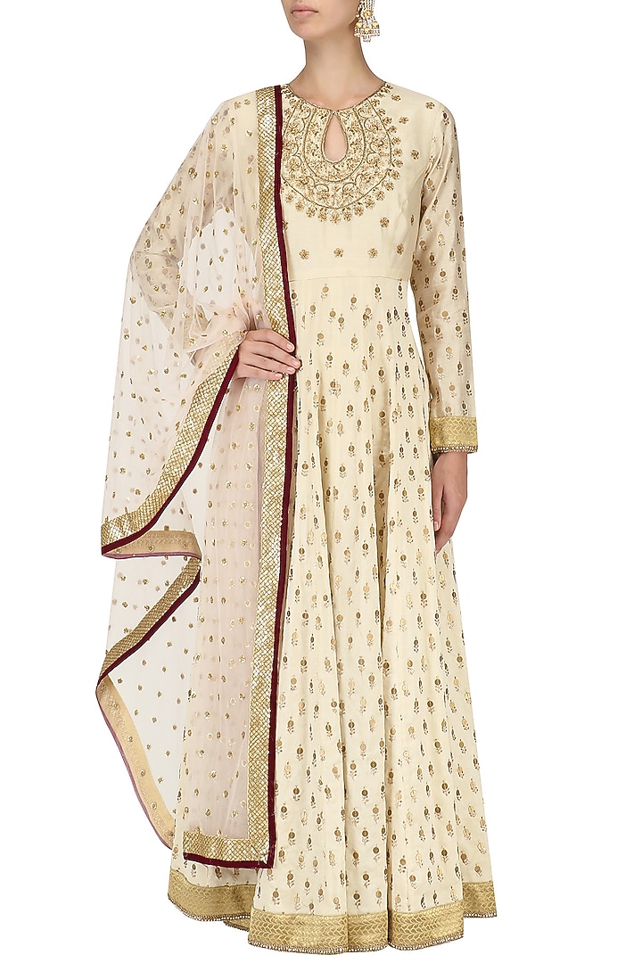 Off white chanderi anarkali kurta and palazzo pants set available only at Pernia's Pop Up Shop.