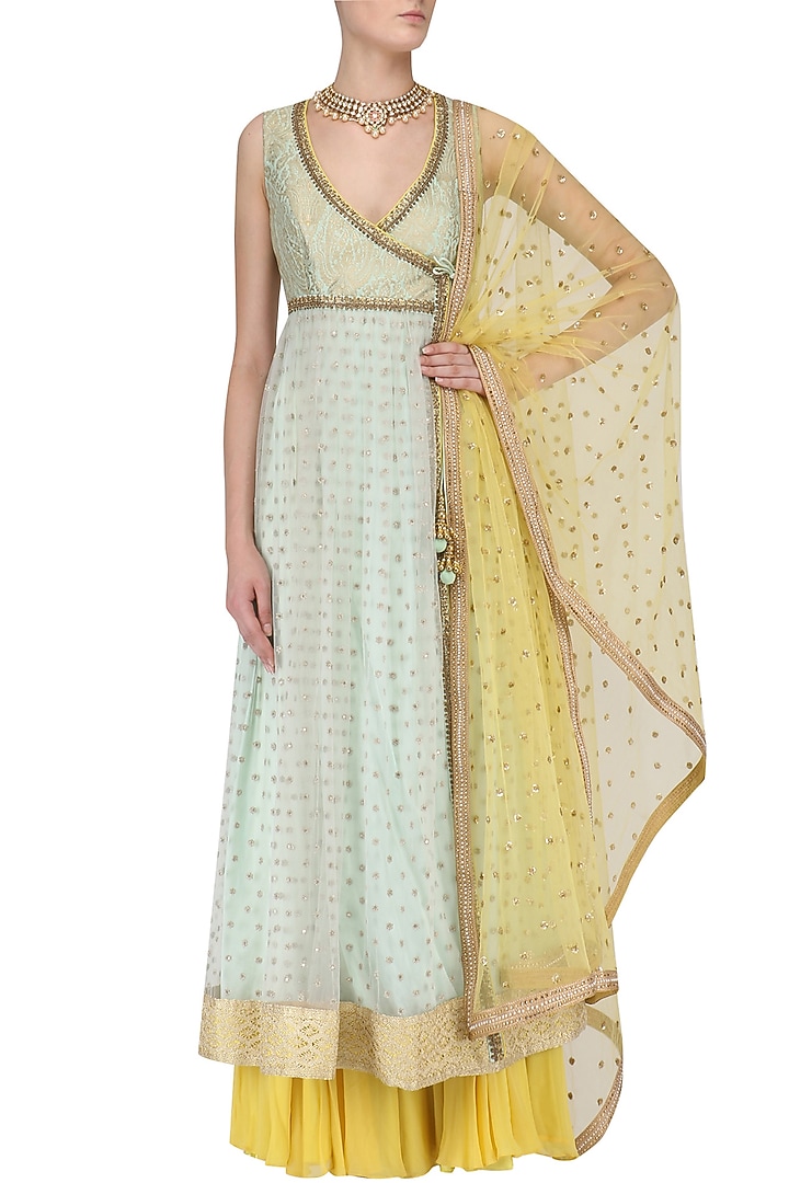 Mint anarkali kurta and lemon yellow sharara pants set available only at Pernia's Pop Up Shop.