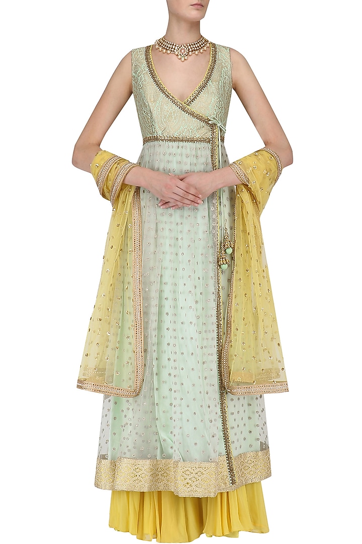 Mint anarkali kurta and lemon yellow sharara pants set available only at Pernia's Pop Up Shop.