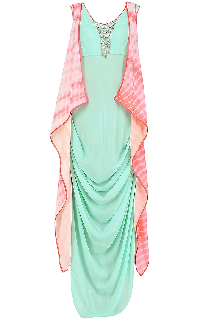 Pink Shibori Print Jacket and Aqua Drape Dress Set by Megha & Jigar