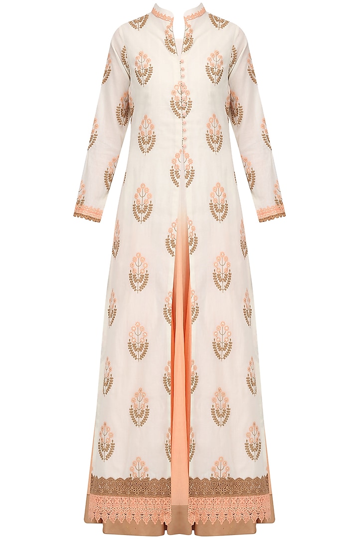 Off White Embroidered Jacket and Peach Ombre Slip Set by Megha & Jigar