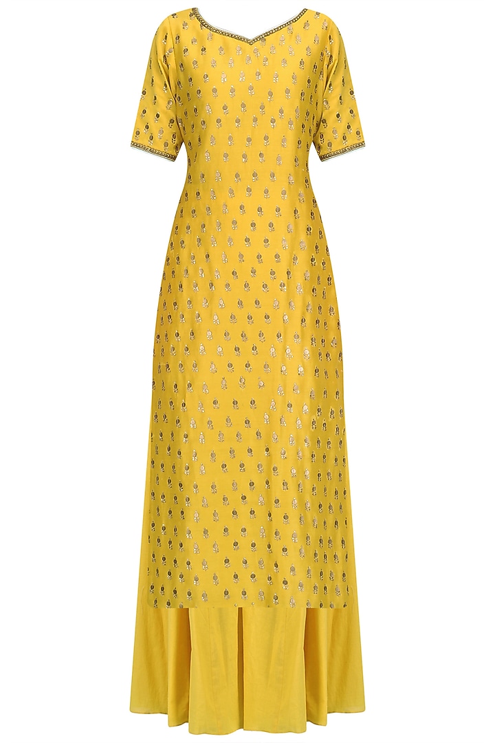 Yellow chanderi kurta and sharara pants set available only at Pernia's Pop Up Shop.