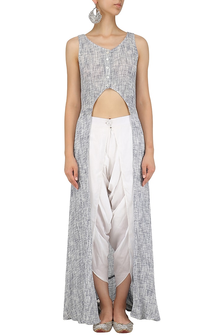 White and blue textured kurta and dhoti pants set available only at Pernia's Pop Up Shop.