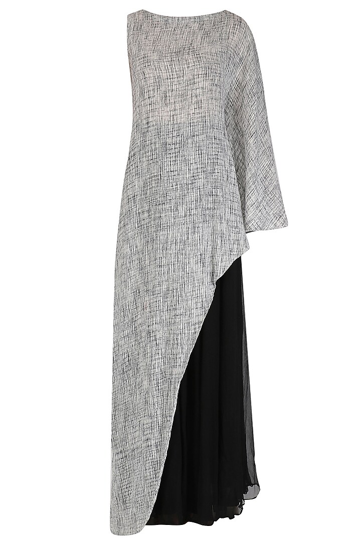 Black and Grey Textured Asymmetrical Top and Sharara Set by Megha & Jigar
