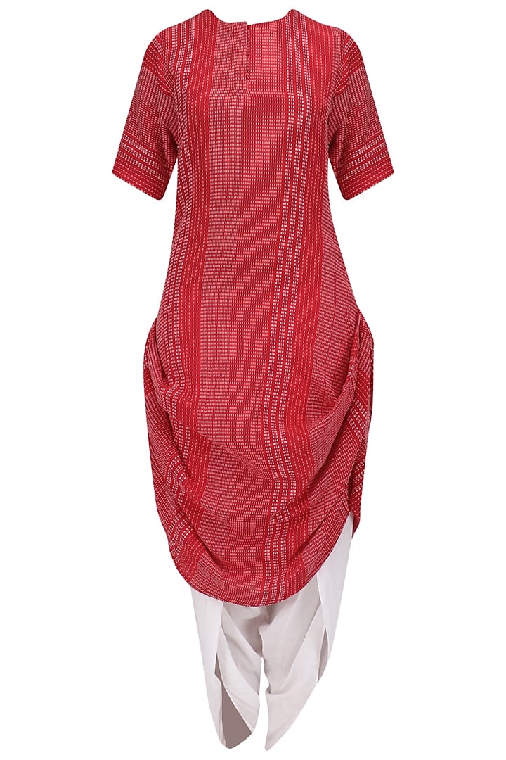 Red and White Textured Kurta and Dhoti Pants Set by Megha & Jigar
